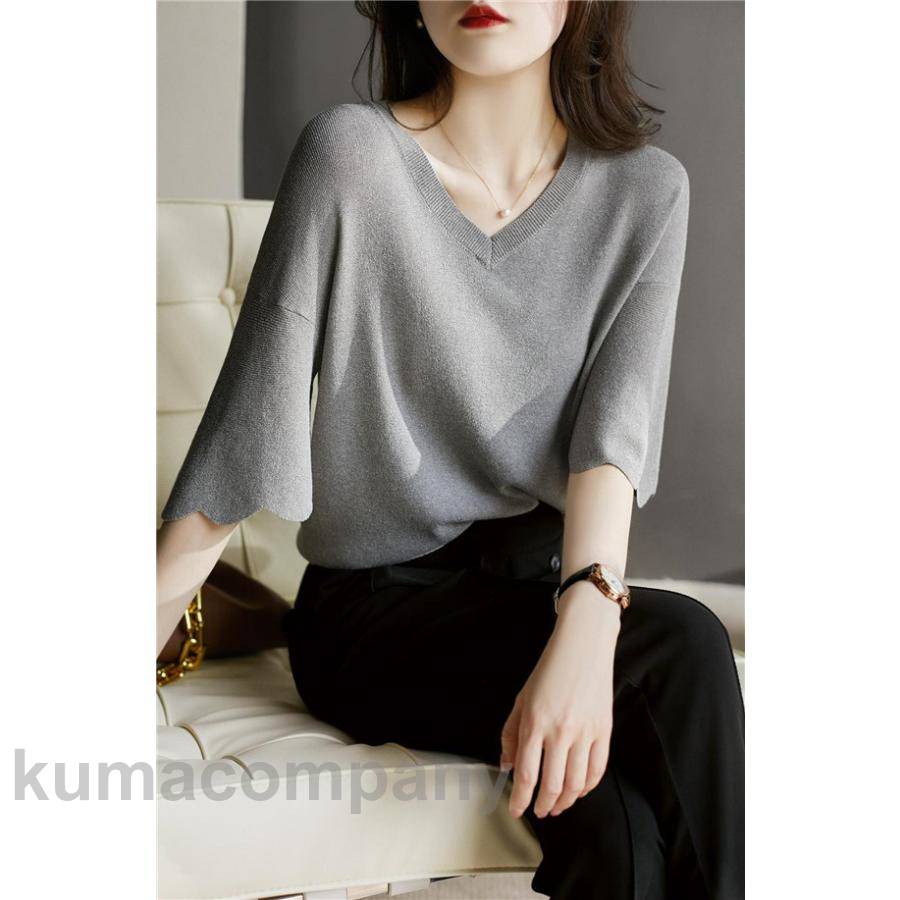 Tシャツ 半袖 レディース カットソー 無地 涼しい Vネック フリル袖 春 夏 カジュアル ゆったり 通学 通勤 おしゃれ 可愛い ルームウェア