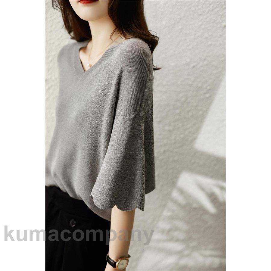 Tシャツ 半袖 レディース カットソー 無地 涼しい Vネック フリル袖 春 夏 カジュアル ゆったり 通学 通勤 おしゃれ 可愛い ルームウェア