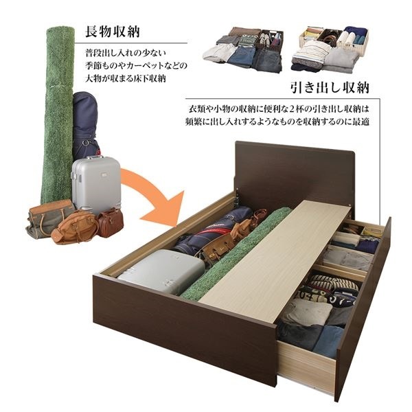 組立設置サービス 頑丈ボックス収納 ベッド セミダブル ダークブラウン 日本製 フラットヘッドボード ポケットコイルマットレス付き