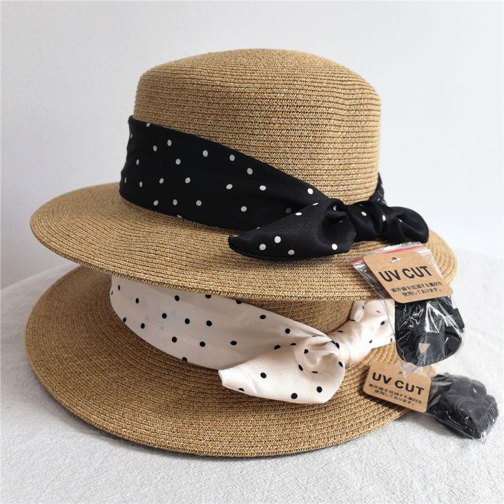 【期間限定】ドット リボン ハット 帽子 麦わら 紐付き 取り外し可 【azk406-604】【予約販売：15-20日】宅込