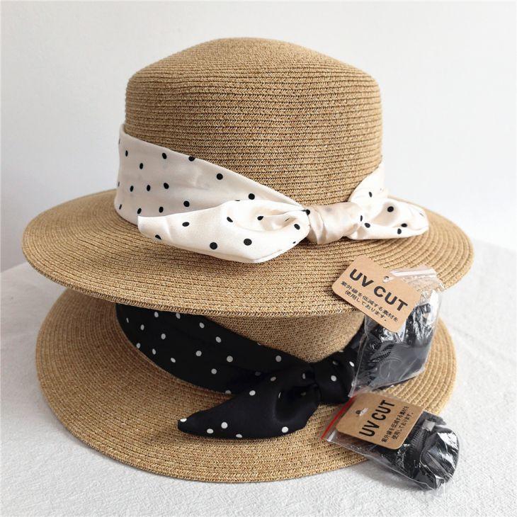 【期間限定】ドット リボン ハット 帽子 麦わら 紐付き 取り外し可 【azk406-604】【予約販売：15-20日】宅込