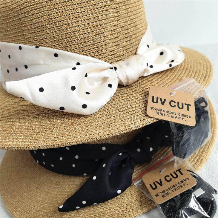 【期間限定】ドット リボン ハット 帽子 麦わら 紐付き 取り外し可 【azk406-604】【予約販売：15-20日】宅込