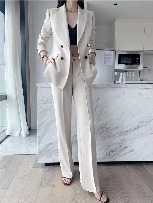 品質良い レディースビジネススーツ 通勤 OL 結婚式 ２点セット 「ロング丈コート+ストレートパンツ」パンツスーツ ダブルスーツ 制服 フォーマル 着痩せ リクルートスーツ カジュアル 司会 宴会