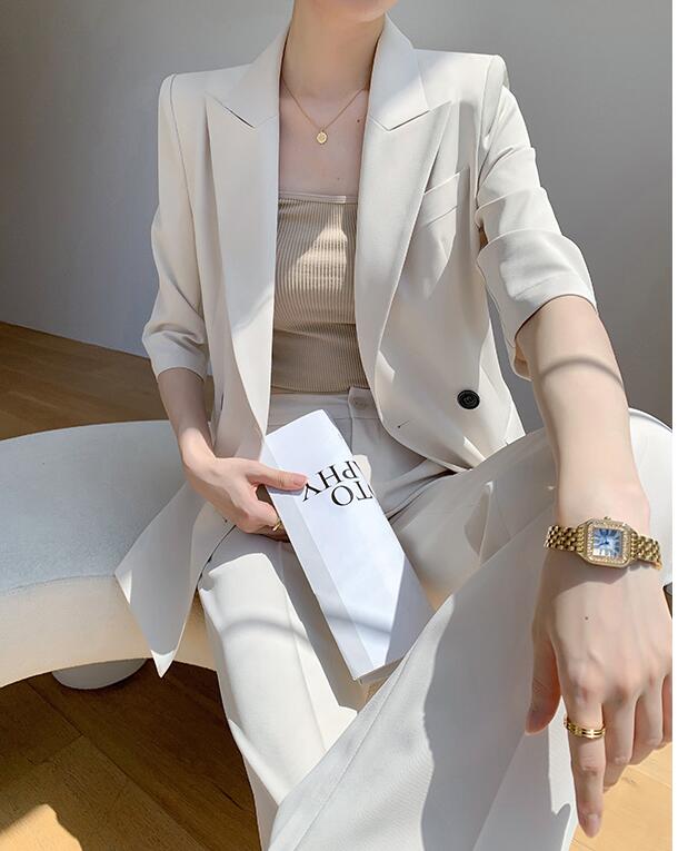 品質良い レディースビジネススーツ 通勤 OL 結婚式 ２点セット 「ロング丈コート+ストレートパンツ」パンツスーツ ダブルスーツ 制服 フォーマル 着痩せ リクルートスーツ カジュアル 司会 宴会