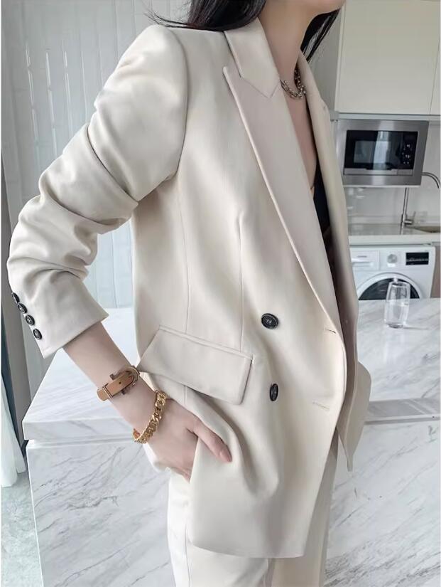 品質良い レディースビジネススーツ 通勤 OL 結婚式 ２点セット 「ロング丈コート+ストレートパンツ」パンツスーツ ダブルスーツ 制服 フォーマル 着痩せ リクルートスーツ カジュアル 司会 宴会