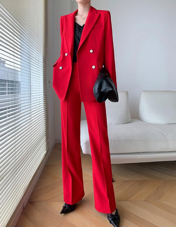 品質良い レディースビジネススーツ 通勤 OL 結婚式 ２点セット 「ロング丈コート+ストレートパンツ」パンツスーツ ダブルスーツ 制服 フォーマル 着痩せ リクルートスーツ カジュアル 司会 宴会