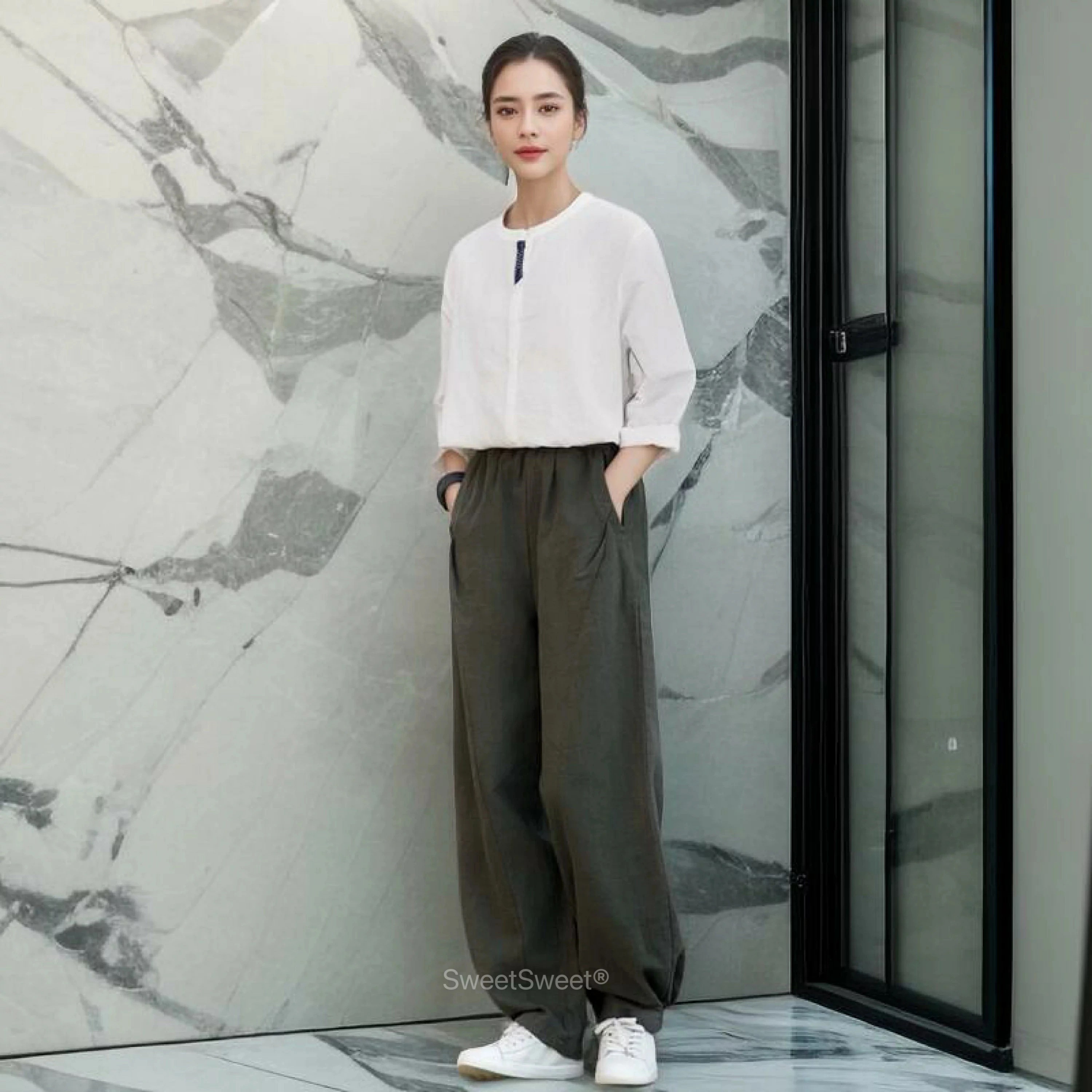 着痩せバルーンパンツ コットンリネン サルエルパンツ 綿麻 黒 茶 紺 ベージュ ワイドパンツ リネン レディース メンズ ズボン 総ゴム ポケット 体型カバー 綿麻キャンバス パンツコーデ きれい