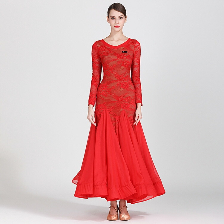 社交ダンス衣装 モダンドレス ラテンドレス スタンダードドレス ワルツダンス 紗 レース ロングワンピース マキシ丈 ラテン衣装 社交ダンスドレス 大きい裾 豪華なドレス ダンス衣装 ダンスウエア ダ