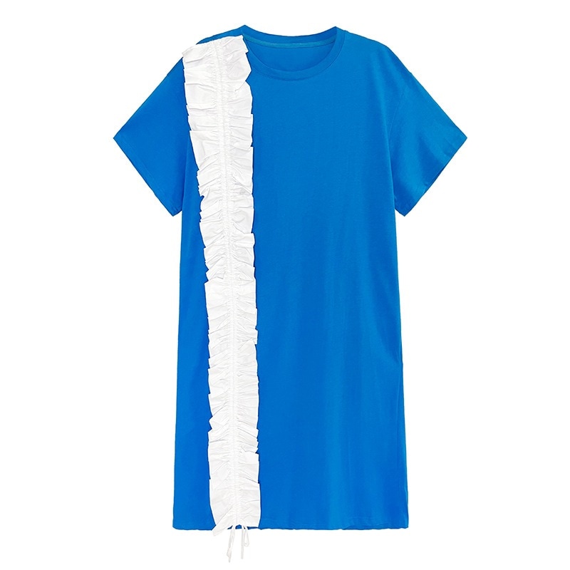 体型カバーチュニック欧米お洒落半袖ワンピース丸ネックTシャツワンピースセミロング丈ゆとり木耳縁着痩せ大きいサイズ オーバーサイズT 体型カバーチュニック欧米お洒落半袖ワンピース丸ネックTシャツワンピースセミロング丈ゆとり木耳縁着痩せ大きいサイズ オーバーサイズT