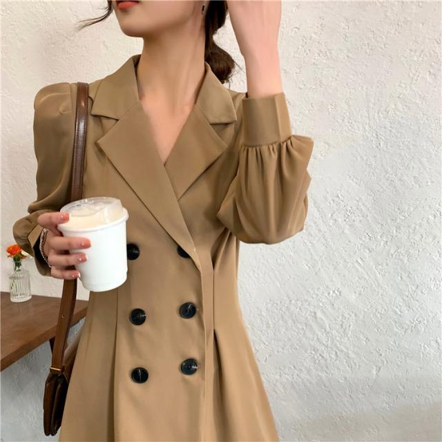 【全店任意2枚購入で100円OFF】細見えする スリム 高品質 ダブルボタン パフスリーブ 襟 ワンピース セクシー 【全店任意2枚購入で100円OFF】細見えする スリム 高品質 ダブルボタン パフスリーブ 襟 ワンピース セクシー