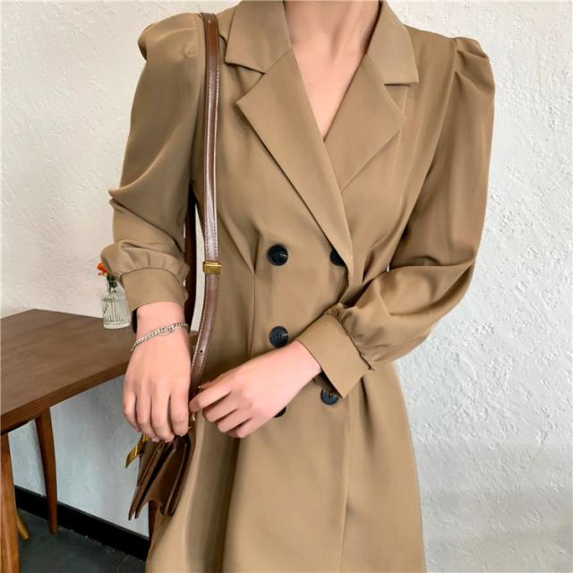 【全店任意2枚購入で100円OFF】細見えする スリム 高品質 ダブルボタン パフスリーブ 襟 ワンピース セクシー 【全店任意2枚購入で100円OFF】細見えする スリム 高品質 ダブルボタン パフスリーブ 襟 ワンピース セクシー