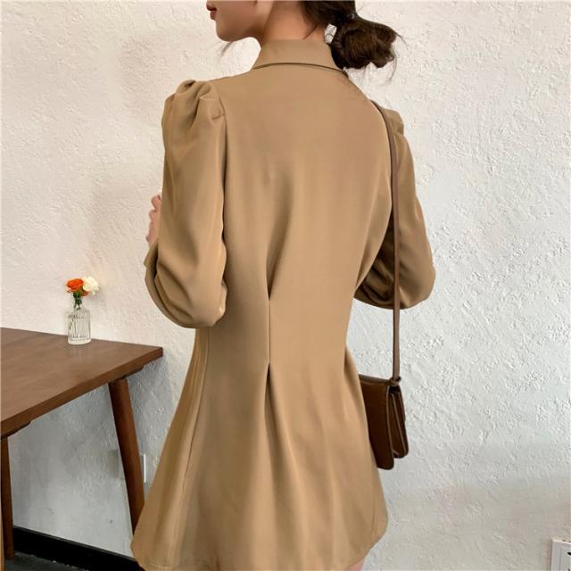 【全店任意2枚購入で100円OFF】細見えする スリム 高品質 ダブルボタン パフスリーブ 襟 ワンピース セクシー 【全店任意2枚購入で100円OFF】細見えする スリム 高品質 ダブルボタン パフスリーブ 襟 ワンピース セクシー