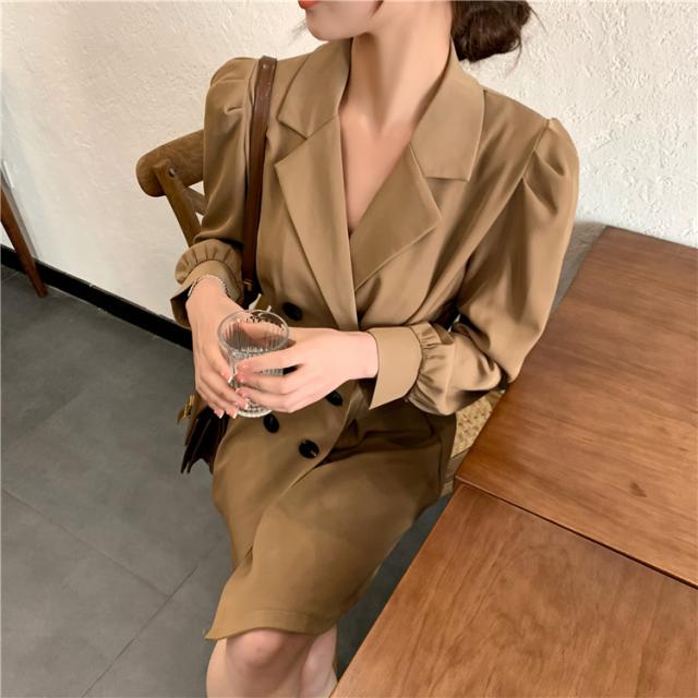 【全店任意2枚購入で100円OFF】細見えする スリム 高品質 ダブルボタン パフスリーブ 襟 ワンピース セクシー 【全店任意2枚購入で100円OFF】細見えする スリム 高品質 ダブルボタン パフスリーブ 襟 ワンピース セクシー