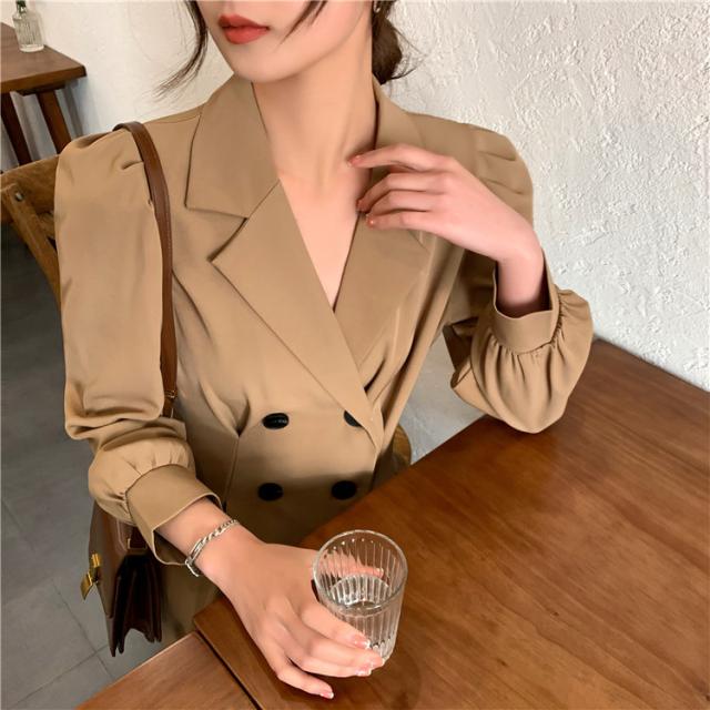 【全店任意2枚購入で100円OFF】細見えする スリム 高品質 ダブルボタン パフスリーブ 襟 ワンピース セクシー 【全店任意2枚購入で100円OFF】細見えする スリム 高品質 ダブルボタン パフスリーブ 襟 ワンピース セクシー