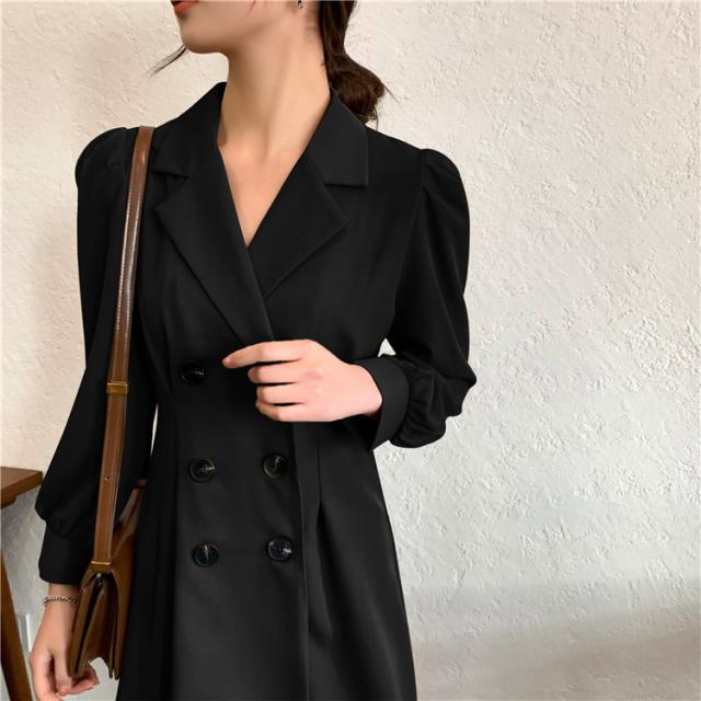 【全店任意2枚購入で100円OFF】細見えする スリム 高品質 ダブルボタン パフスリーブ 襟 ワンピース セクシー 【全店任意2枚購入で100円OFF】細見えする スリム 高品質 ダブルボタン パフスリーブ 襟 ワンピース セクシー