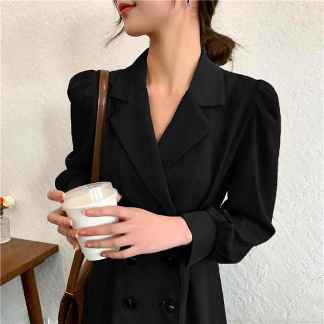 【全店任意2枚購入で100円OFF】細見えする スリム 高品質 ダブルボタン パフスリーブ 襟 ワンピース セクシー 【全店任意2枚購入で100円OFF】細見えする スリム 高品質 ダブルボタン パフスリーブ 襟 ワンピース セクシー