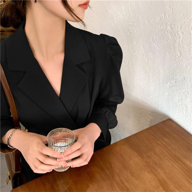 【全店任意2枚購入で100円OFF】細見えする スリム 高品質 ダブルボタン パフスリーブ 襟 ワンピース セクシー 【全店任意2枚購入で100円OFF】細見えする スリム 高品質 ダブルボタン パフスリーブ 襟 ワンピース セクシー