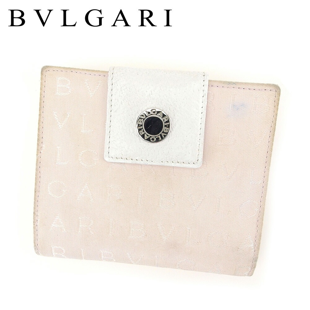 Wホック 財布 二つ折り 財布 ロゴマニア ホワイト 白 ピンク 中古