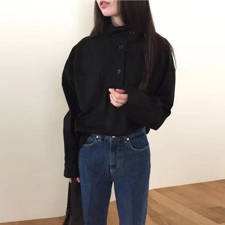 長袖 黒 上品 ポケット付き 2color ハイネック ブラウス ブラック 斜めボタン レディース スタンドカラース ス 厚手 アシンメトリー マニッシュ 斜めボタンワイドシャツ ドロップショルダー 長袖 黒 上品 ポケット付き 2color ハイネック ブラウス ブラック 斜めボタン レディース スタンドカラース ス 厚手 アシンメトリー マニッシュ 斜めボタンワイドシャツ ドロップショルダー