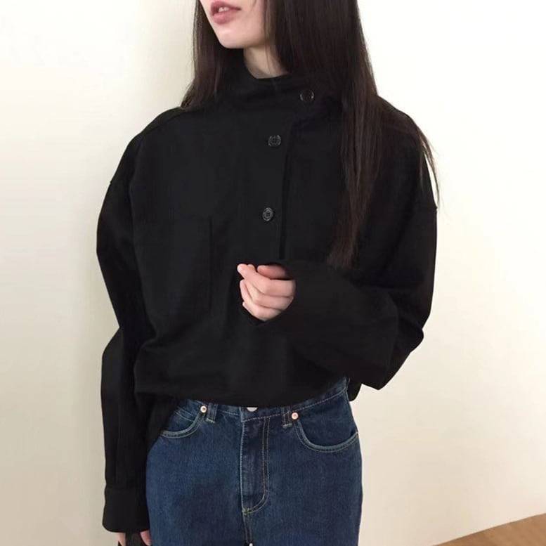 長袖 黒 上品 ポケット付き 2color ハイネック ブラウス ブラック 斜めボタン レディース スタンドカラース ス 厚手 アシンメトリー マニッシュ 斜めボタンワイドシャツ ドロップショルダー 長袖 黒 上品 ポケット付き 2color ハイネック ブラウス ブラック 斜めボタン レディース スタンドカラース ス 厚手 アシンメトリー マニッシュ 斜めボタンワイドシャツ ドロップショルダー