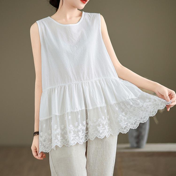 刺繍入り 裾スカラップ レース タンクトップ ロング レディース 夏 トップス ノースリーブ ブラウス インナー tシャツ キャミソール 裾レース チ