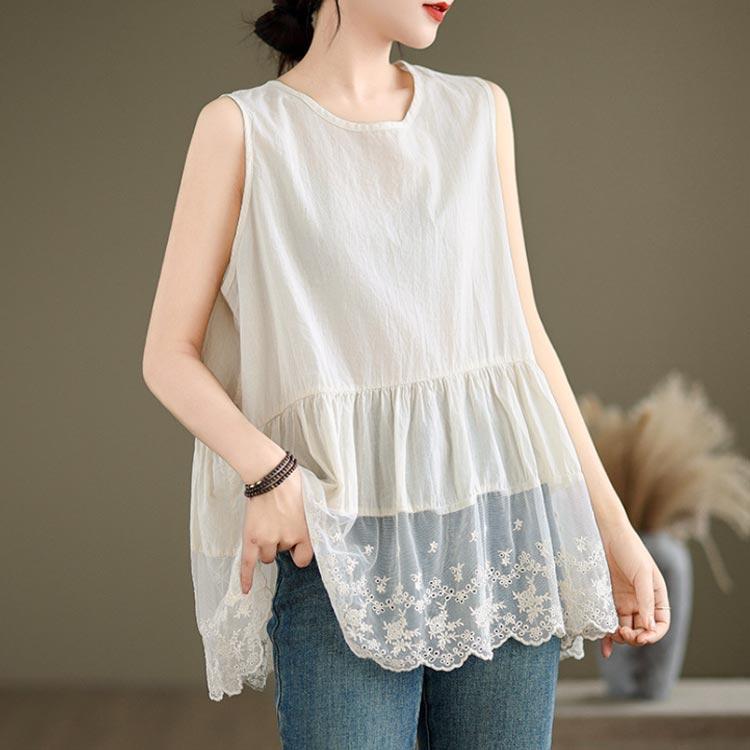 刺繍入り 裾スカラップ レース タンクトップ ロング レディース 夏 トップス ノースリーブ ブラウス インナー tシャツ キャミソール 裾レース チ