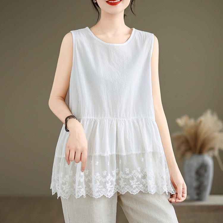 刺繍入り 裾スカラップ レース タンクトップ ロング レディース 夏 トップス ノースリーブ ブラウス インナー tシャツ キャミソール 裾レース チ