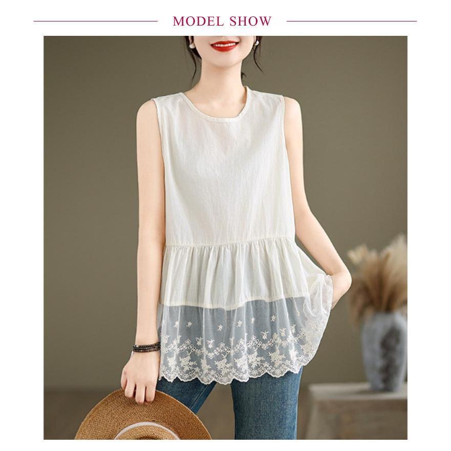 刺繍入り 裾スカラップ レース タンクトップ ロング レディース 夏 トップス ノースリーブ ブラウス インナー tシャツ キャミソール 裾レース チ