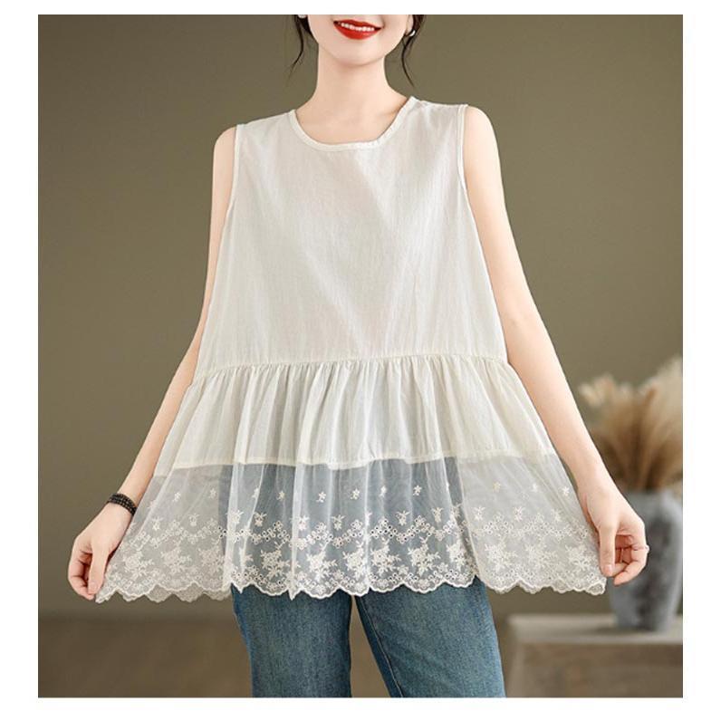 刺繍入り 裾スカラップ レース タンクトップ ロング レディース 夏 トップス ノースリーブ ブラウス インナー tシャツ キャミソール 裾レース チ