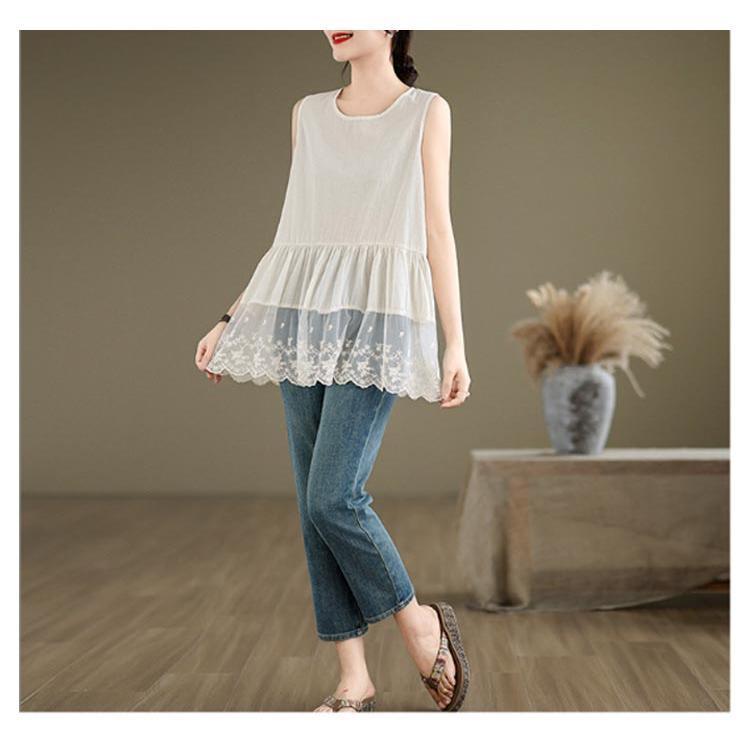 刺繍入り 裾スカラップ レース タンクトップ ロング レディース 夏 トップス ノースリーブ ブラウス インナー tシャツ キャミソール 裾レース チ