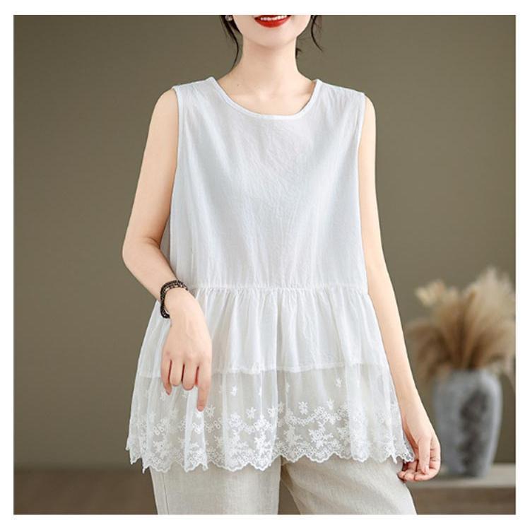 刺繍入り 裾スカラップ レース タンクトップ ロング レディース 夏 トップス ノースリーブ ブラウス インナー tシャツ キャミソール 裾レース チ