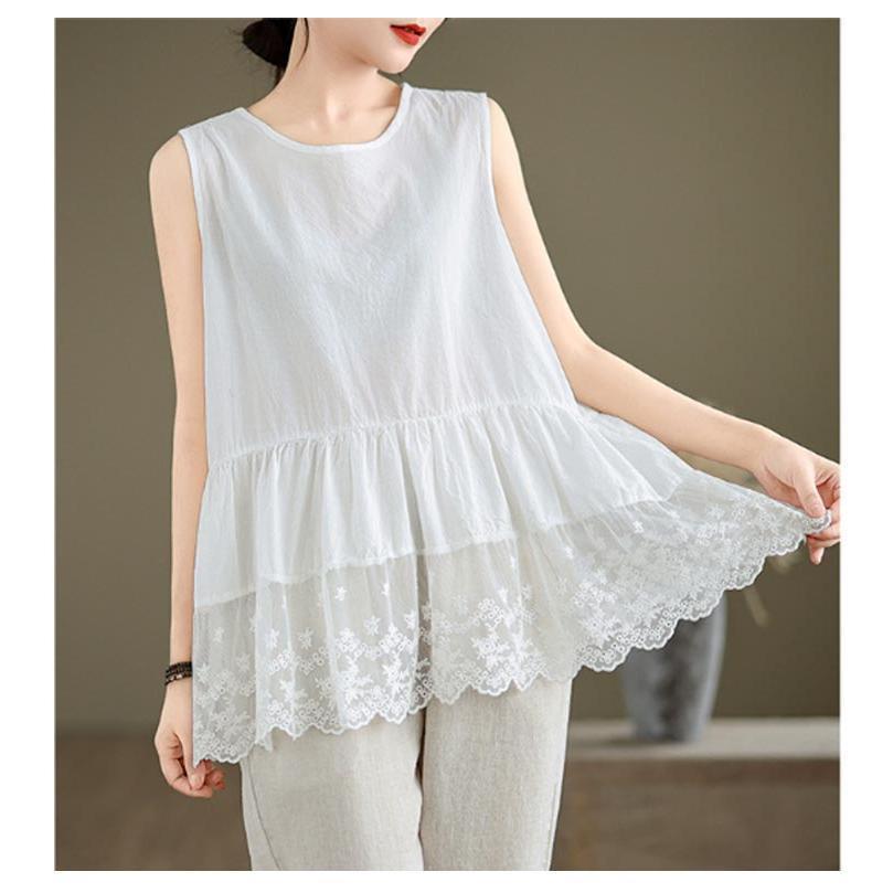 刺繍入り 裾スカラップ レース タンクトップ ロング レディース 夏 トップス ノースリーブ ブラウス インナー tシャツ キャミソール 裾レース チ