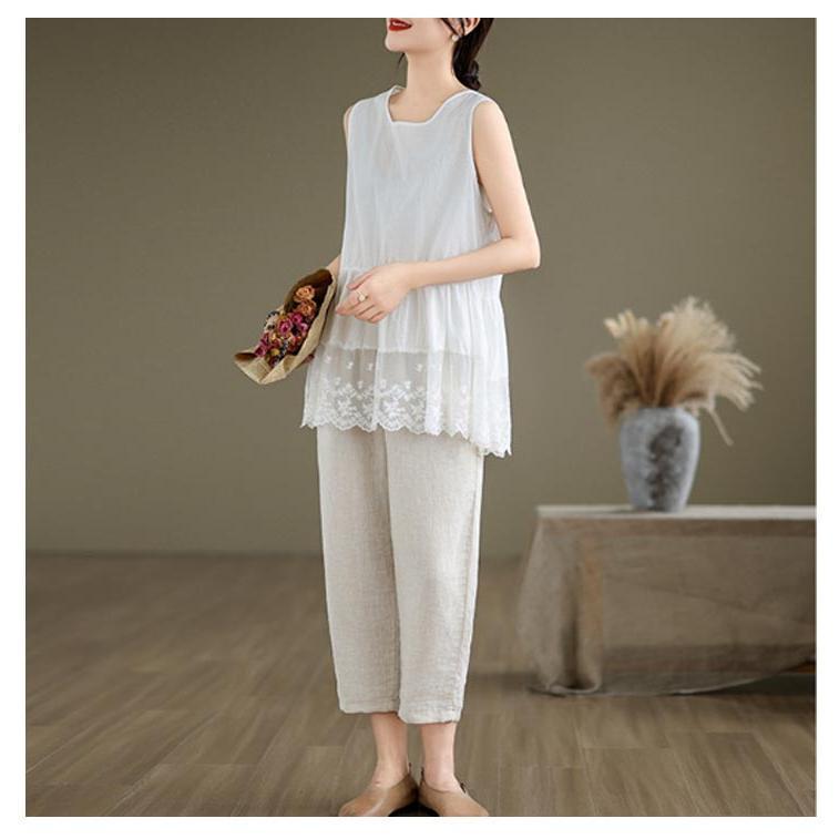 刺繍入り 裾スカラップ レース タンクトップ ロング レディース 夏 トップス ノースリーブ ブラウス インナー tシャツ キャミソール 裾レース チ