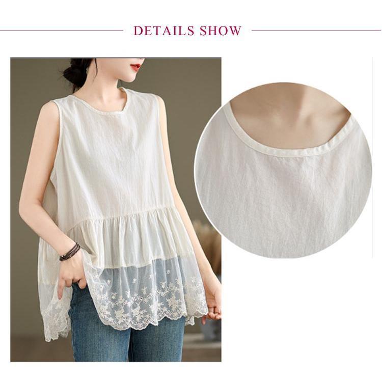 刺繍入り 裾スカラップ レース タンクトップ ロング レディース 夏 トップス ノースリーブ ブラウス インナー tシャツ キャミソール 裾レース チ