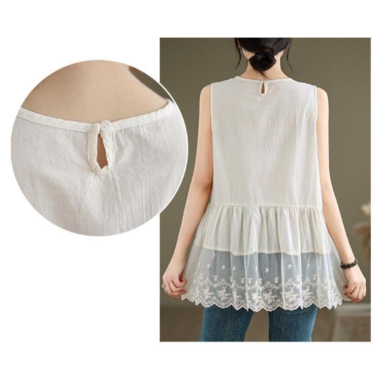 刺繍入り 裾スカラップ レース タンクトップ ロング レディース 夏 トップス ノースリーブ ブラウス インナー tシャツ キャミソール 裾レース チ