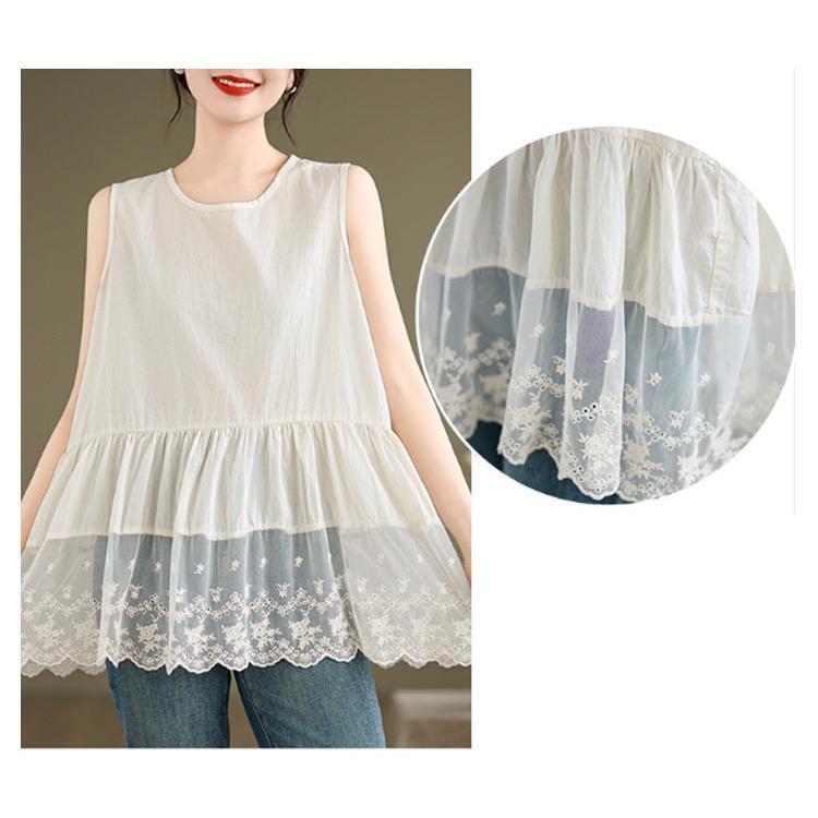 刺繍入り 裾スカラップ レース タンクトップ ロング レディース 夏 トップス ノースリーブ ブラウス インナー tシャツ キャミソール 裾レース チ
