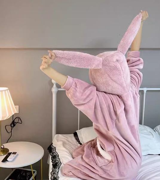 うさ耳 うさぎ レディース ルームウェア パジャマ 部屋着 オールインワン フルレングス ファスナー ポケット 前開き フード 厚手 ベルベット かわいい カジュアル おしゃれ ガーリー ルーズ