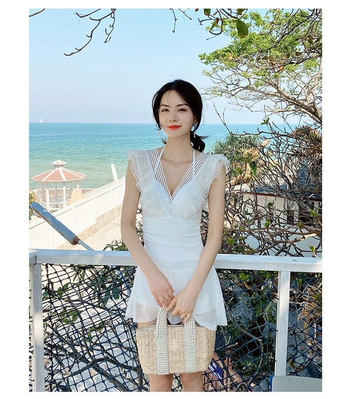 2点セット水着 レディース 体型カバー水着 ミセス ママ水着 30代 20代 40代 オールインワン プリル かわいい バックシャン おしゃれ ぽっちゃり カバーアップ 小胸 バスト 盛れる