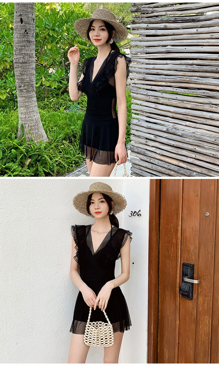 2点セット水着 レディース 体型カバー水着 ミセス ママ水着 30代 20代 40代 オールインワン プリル かわいい バックシャン おしゃれ ぽっちゃり カバーアップ 小胸 バスト 盛れる