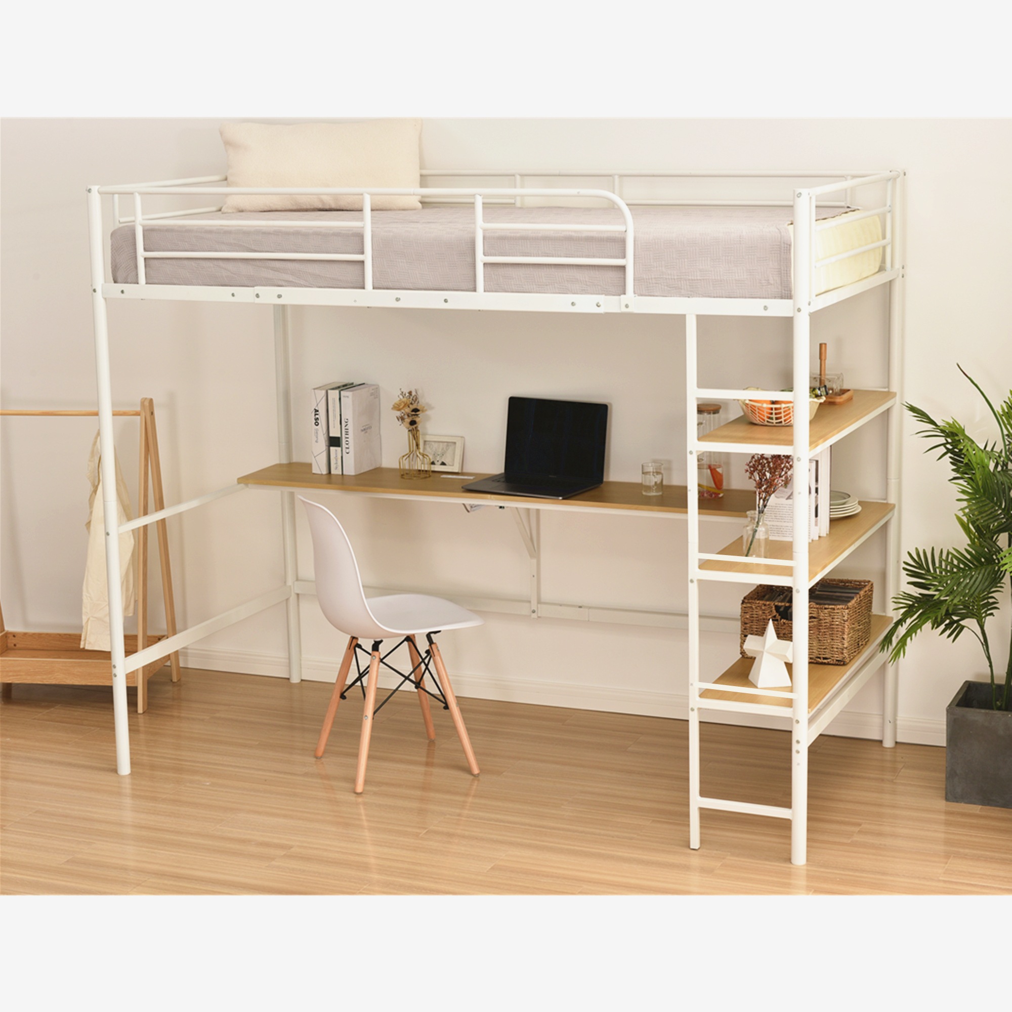 国内発送&品質保証】ロフトベッド パイプベッド シングル 収納棚 北欧