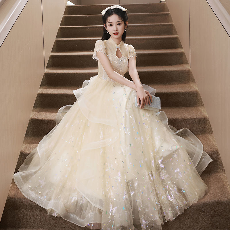 シャンパン ワンピース パーティー 結婚式 ドレス 韓国 冬のワンピースドレス シャンパン色の宴会ドレス女性2023新型