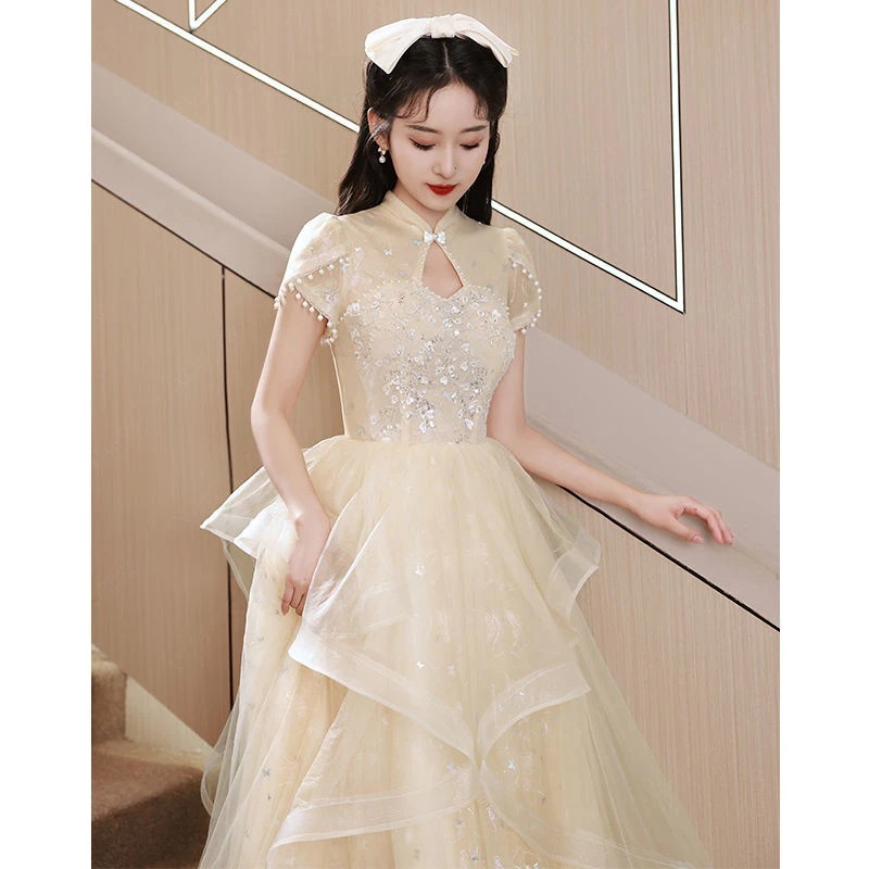 シャンパン ワンピース パーティー 結婚式 ドレス 韓国 冬のワンピースドレス シャンパン色の宴会ドレス女性2023新型