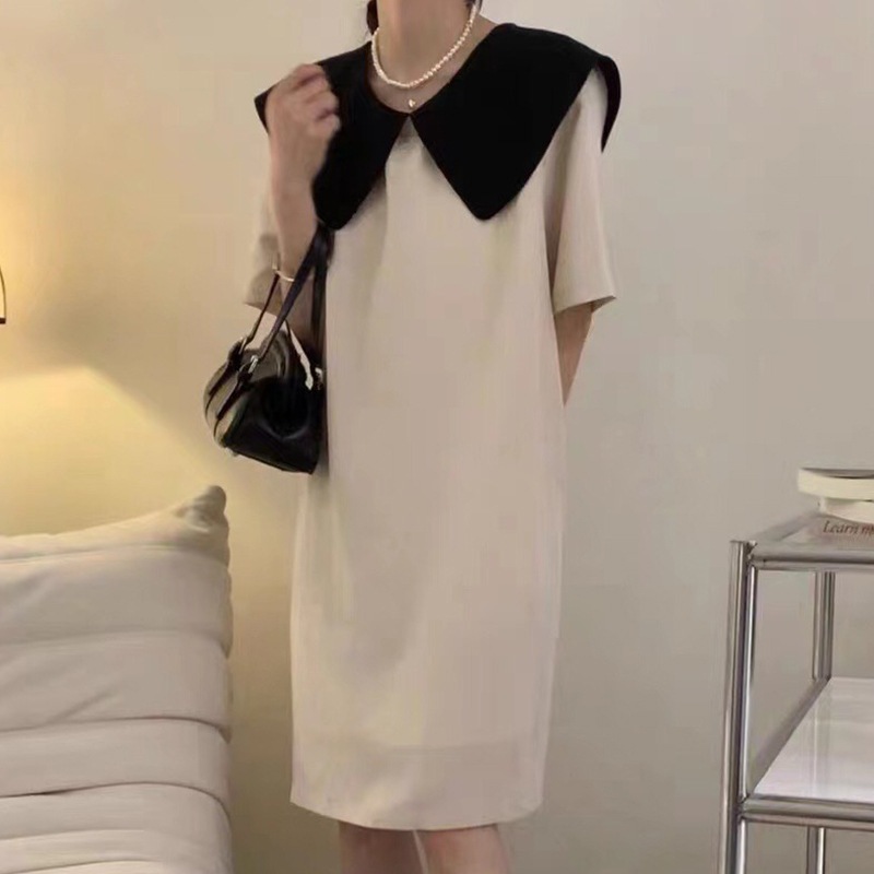 2色 レトロ風 リボン ワンピース 半袖 春夏 きれいめ 低身長 ワンピドレス 膝丈 ひざ丈 ミモレ ミモレ丈 Uネック ラウンドネック 襟付き 大きな襟 ワイドカラー でか襟 ビッグカラー ストレー