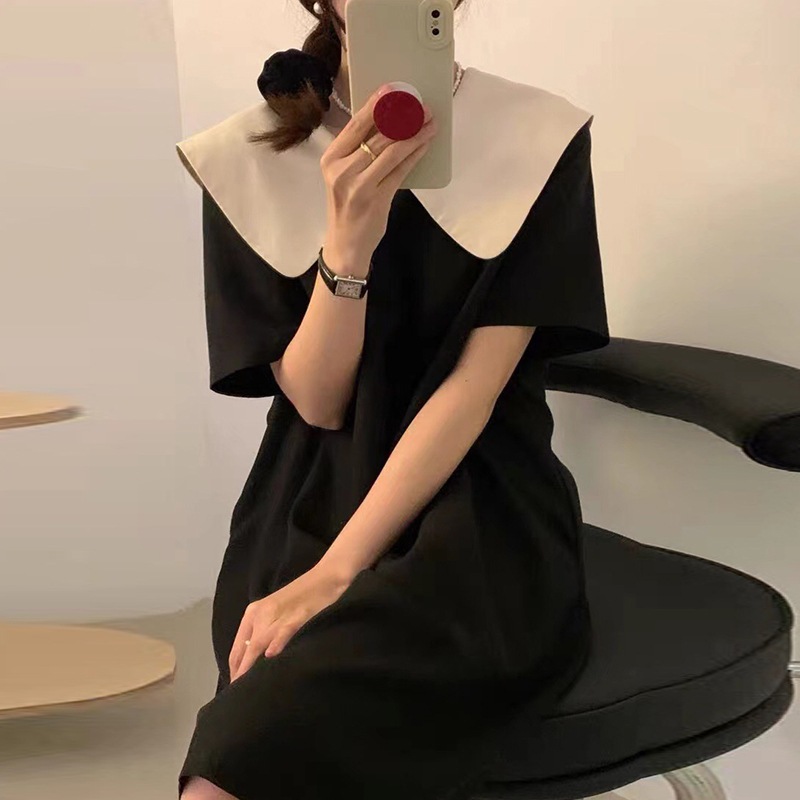 2色 レトロ風 リボン ワンピース 半袖 春夏 きれいめ 低身長 ワンピドレス 膝丈 ひざ丈 ミモレ ミモレ丈 Uネック ラウンドネック 襟付き 大きな襟 ワイドカラー でか襟 ビッグカラー ストレー