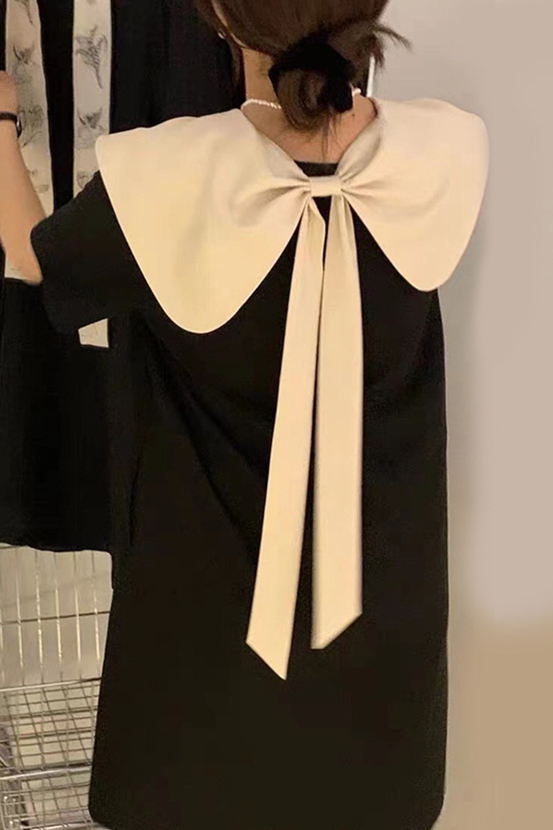 2色 レトロ風 リボン ワンピース 半袖 春夏 きれいめ 低身長 ワンピドレス 膝丈 ひざ丈 ミモレ ミモレ丈 Uネック ラウンドネック 襟付き 大きな襟 ワイドカラー でか襟 ビッグカラー ストレー