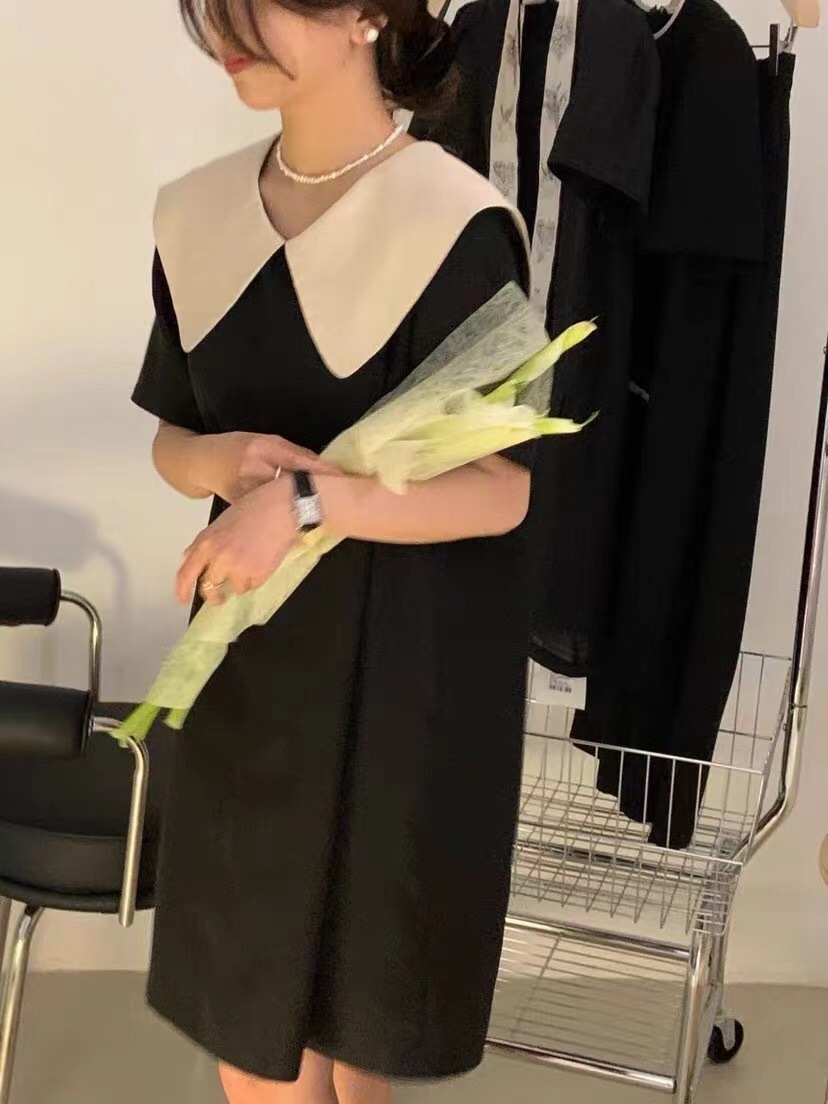 2色 レトロ風 リボン ワンピース 半袖 春夏 きれいめ 低身長 ワンピドレス 膝丈 ひざ丈 ミモレ ミモレ丈 Uネック ラウンドネック 襟付き 大きな襟 ワイドカラー でか襟 ビッグカラー ストレー