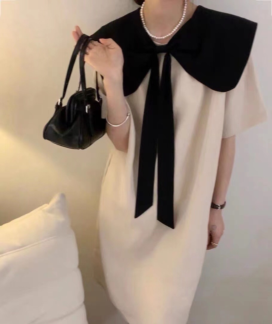 2色 レトロ風 リボン ワンピース 半袖 春夏 きれいめ 低身長 ワンピドレス 膝丈 ひざ丈 ミモレ ミモレ丈 Uネック ラウンドネック 襟付き 大きな襟 ワイドカラー でか襟 ビッグカラー ストレー