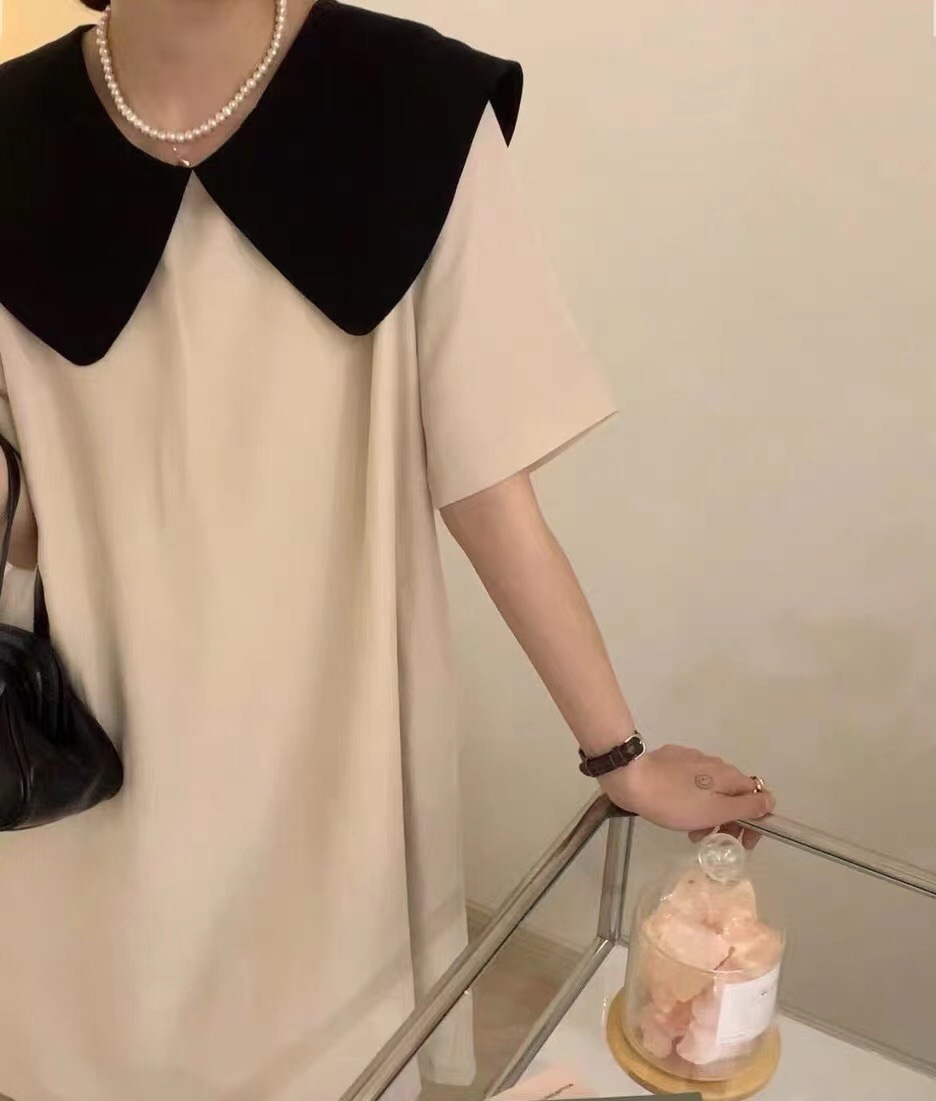 2色 レトロ風 リボン ワンピース 半袖 春夏 きれいめ 低身長 ワンピドレス 膝丈 ひざ丈 ミモレ ミモレ丈 Uネック ラウンドネック 襟付き 大きな襟 ワイドカラー でか襟 ビッグカラー ストレー