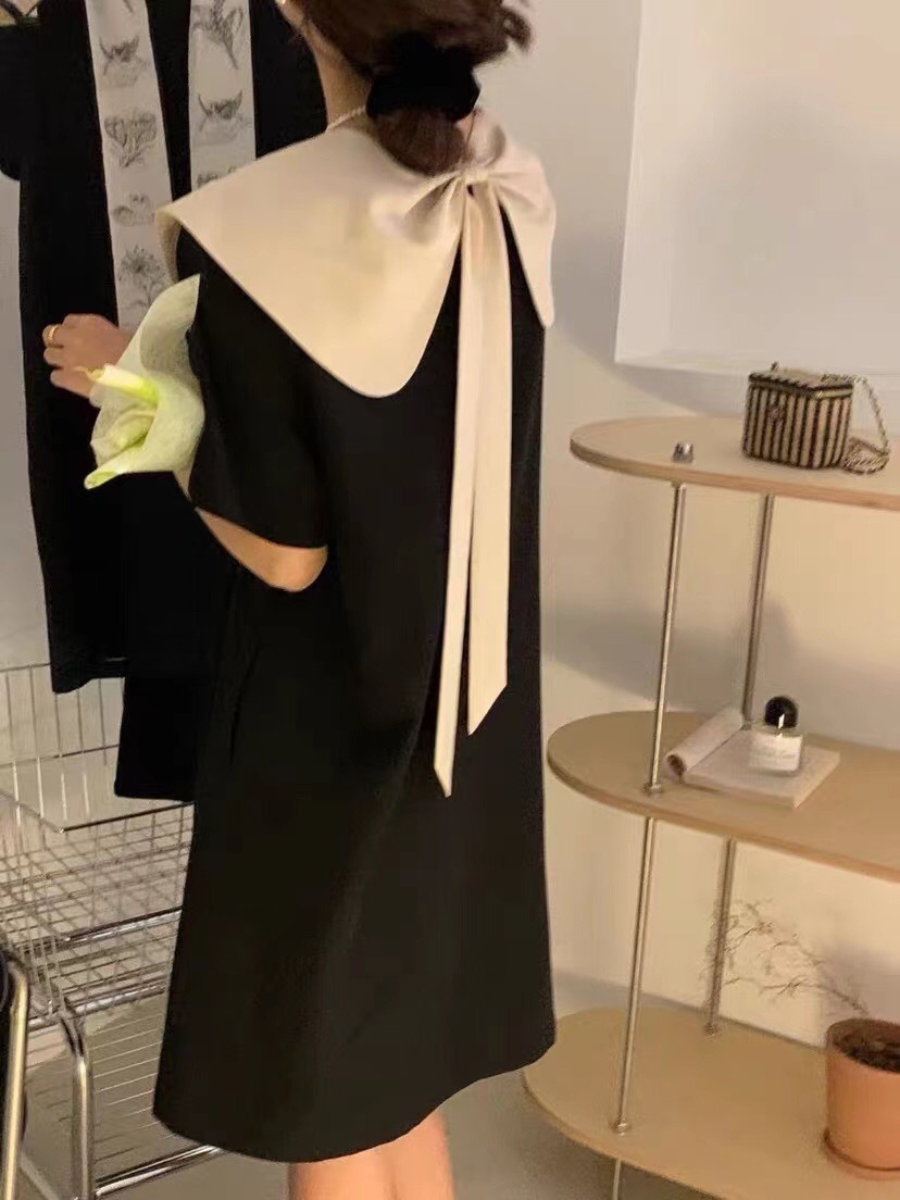 2色 レトロ風 リボン ワンピース 半袖 春夏 きれいめ 低身長 ワンピドレス 膝丈 ひざ丈 ミモレ ミモレ丈 Uネック ラウンドネック 襟付き 大きな襟 ワイドカラー でか襟 ビッグカラー ストレー