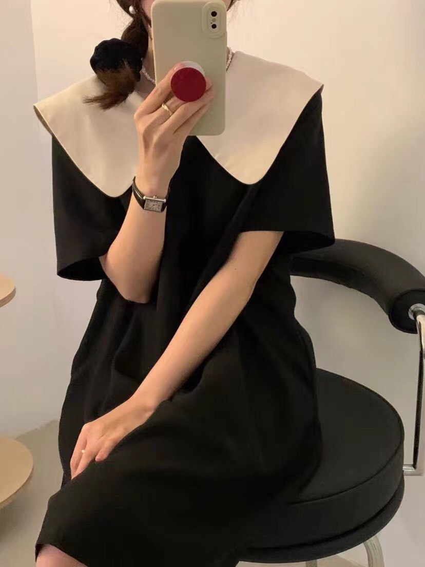 2色 レトロ風 リボン ワンピース 半袖 春夏 きれいめ 低身長 ワンピドレス 膝丈 ひざ丈 ミモレ ミモレ丈 Uネック ラウンドネック 襟付き 大きな襟 ワイドカラー でか襟 ビッグカラー ストレー